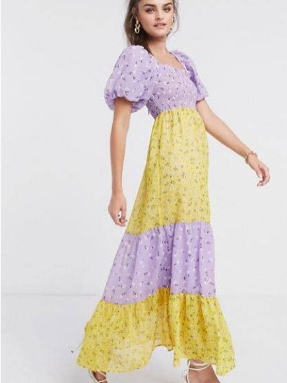 ASOS DESIGN Floral Colorblock Puff Sleeve Tiered Maxi Dress Purple Yellow US 2